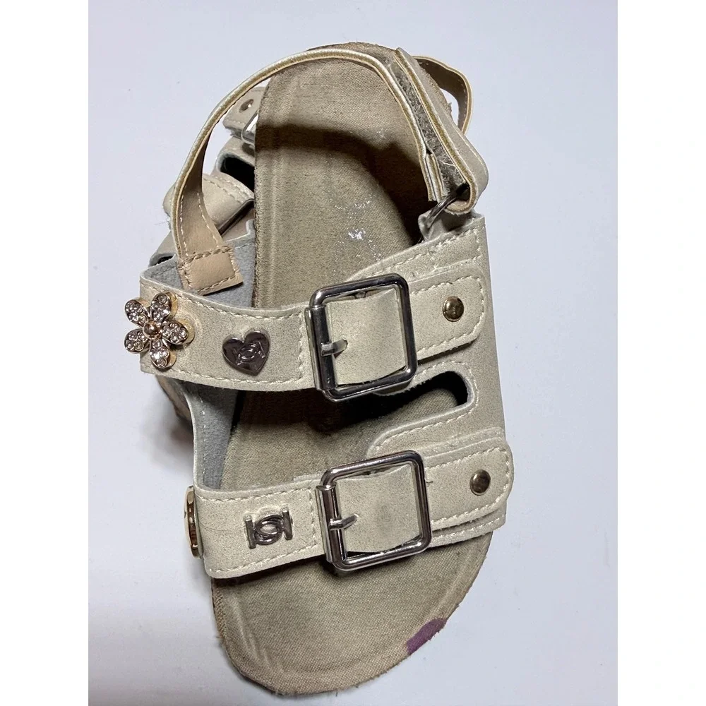 Bebe Girls Champagne Gold Double Strap Rhinestone Flower Sandals Kids Size 5